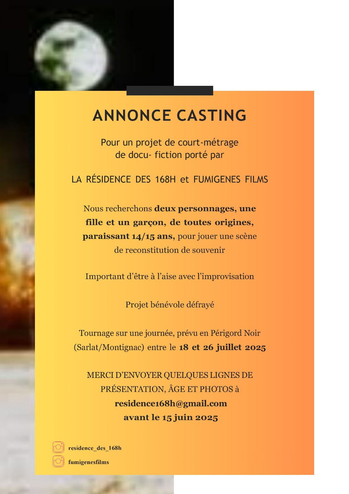 CASTING ADOS H/F 14-15 ANS - résidence des 168 heures